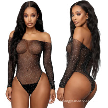 Wholesale Vendors 2021 New Extreme Hot Stretchable Hollow Out Rhinestone One Piece Bodysuit Mature Corset Sexy Lingerie Women